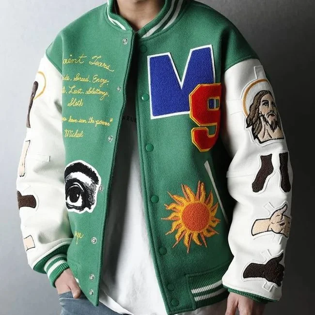 Wool Embroidery Loose Casual Men's Varsity Baseball Jackets at Hiphopee