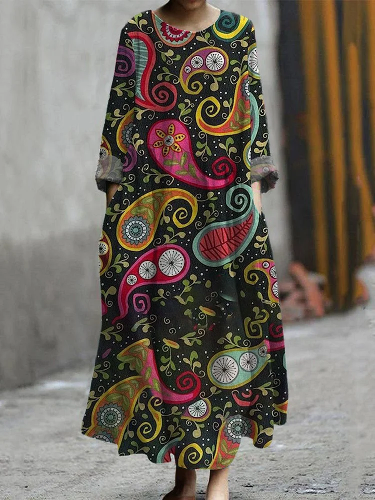 Women's Boho Vintage Floral Art Print Pocket Cotton Dress