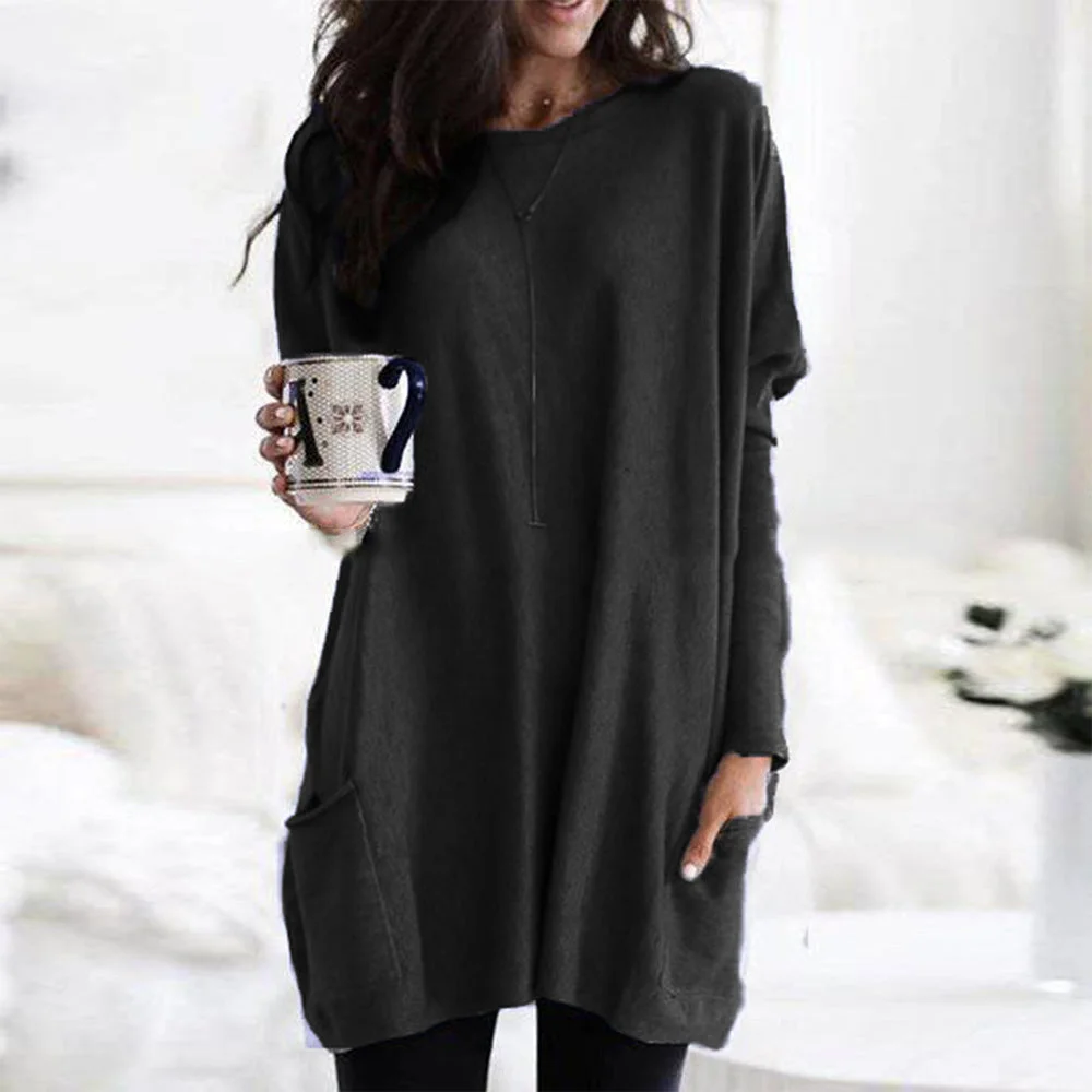 Uveng Autumn Pullover Casual Round Neck Long Sleeve Pocket T-shirt Top