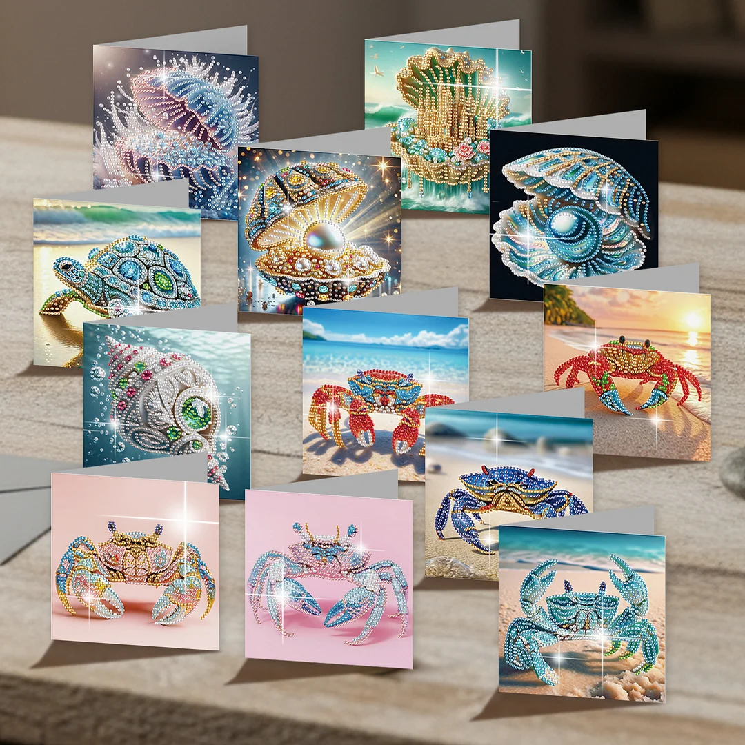 12Pcs Beach Crab Seashell DIY Diamond Painting Greeting Cards for Adults Gifts