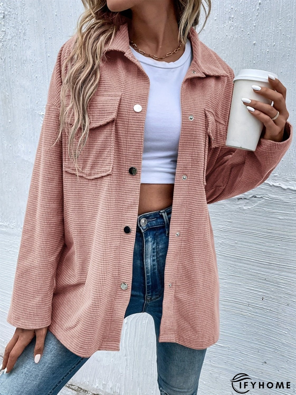 Jacket with pockets, collar and snap fasteners and dropped shoulders | IFYHOME