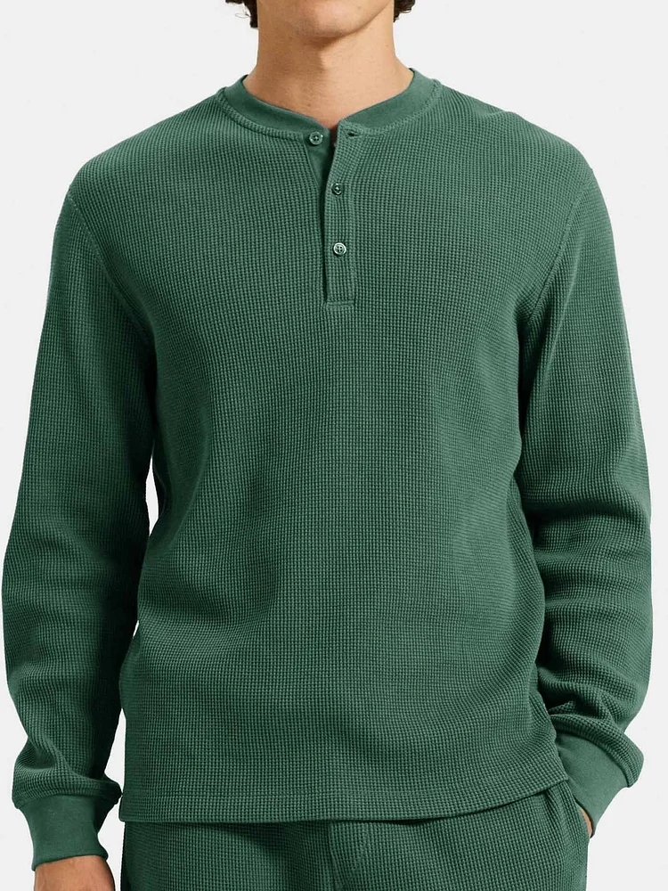 Men's Fashionable Waffle Fabric Long Sleeve Crew Neck Button-Down Henley