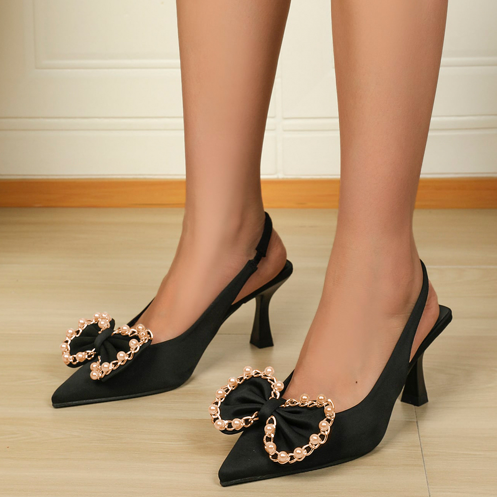 Black Satin Pointed Toe Flared Heel Slingback Pumps with Pearl Bow Nicepairs