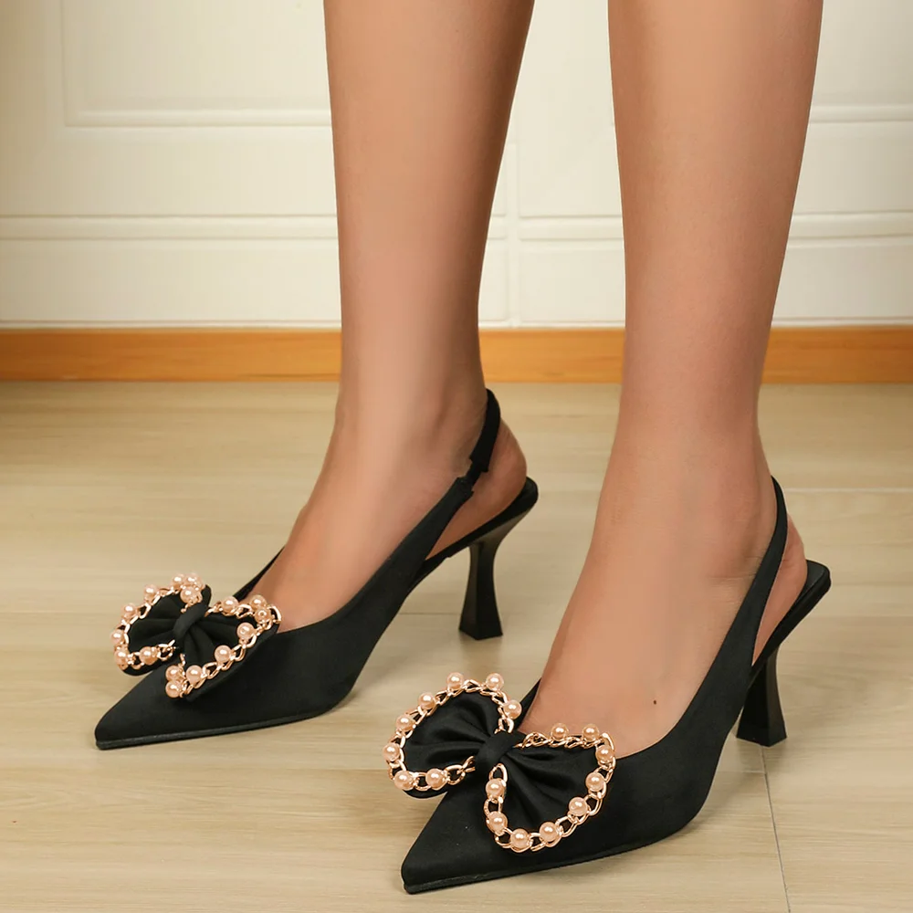 Black Pointed Toe Kitten Heel Pumps Pearl Trim Bow Slingback Shoes Nicepairs