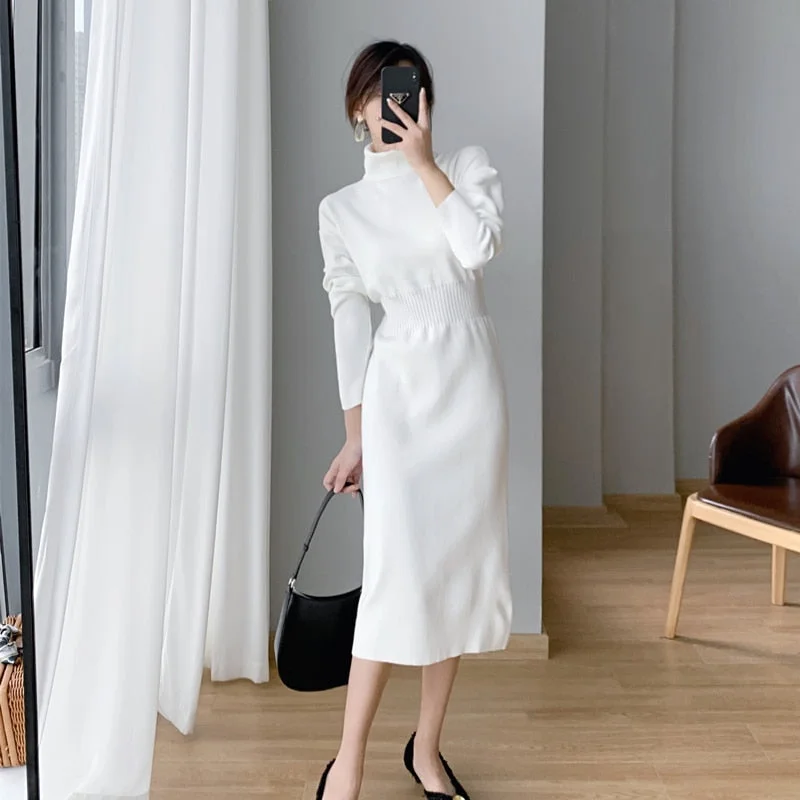Women's New  Elegant Autumn Winter Turtleneck Basic Knitted Sweater Dress Office Lady Slim Clothes Vestidos