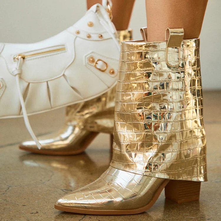Metallic Gold Mid Calf Cowgirl Boots with Folded Croco Embossed Textured Design |FSJ Shoes