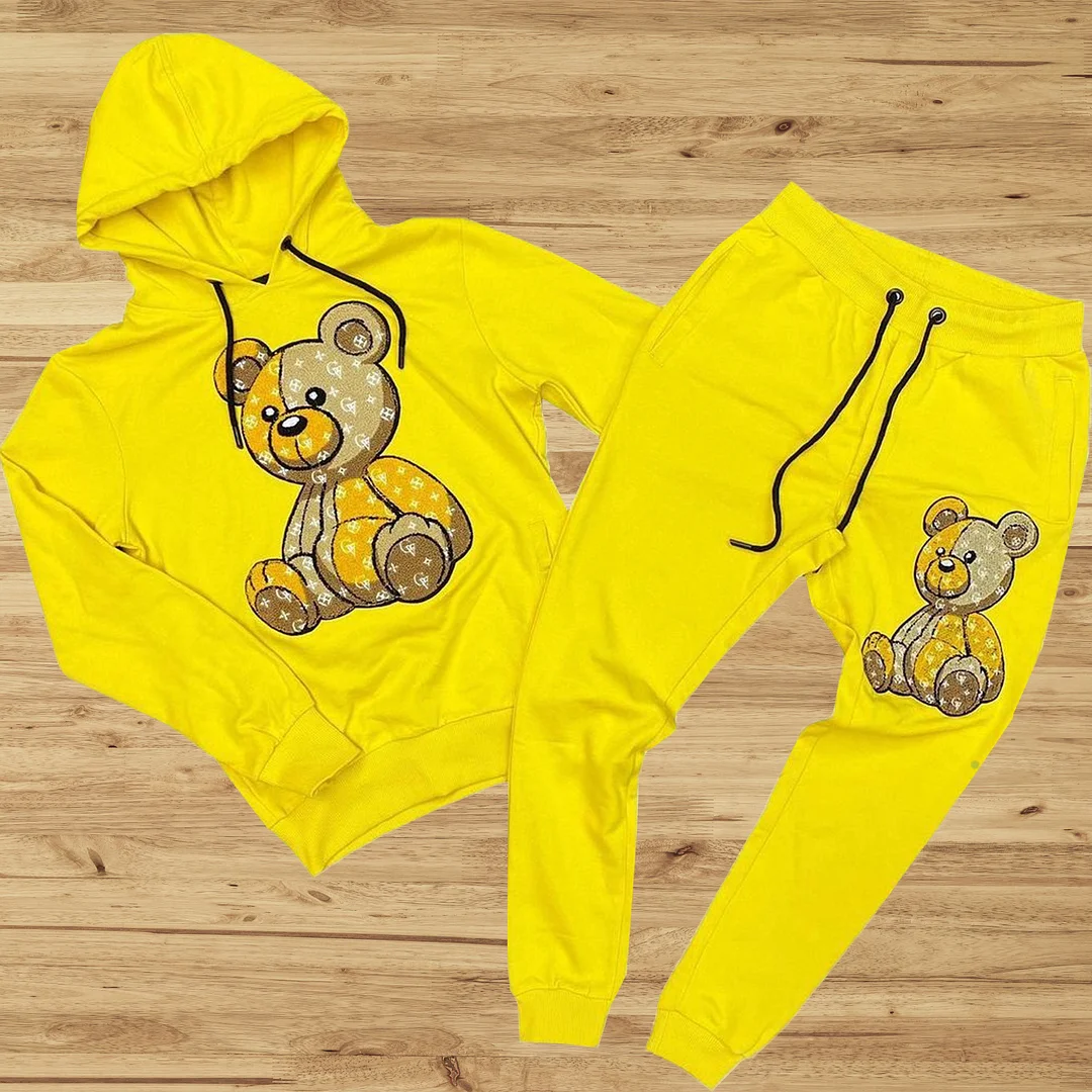 Casual bear print hoodie pants suit