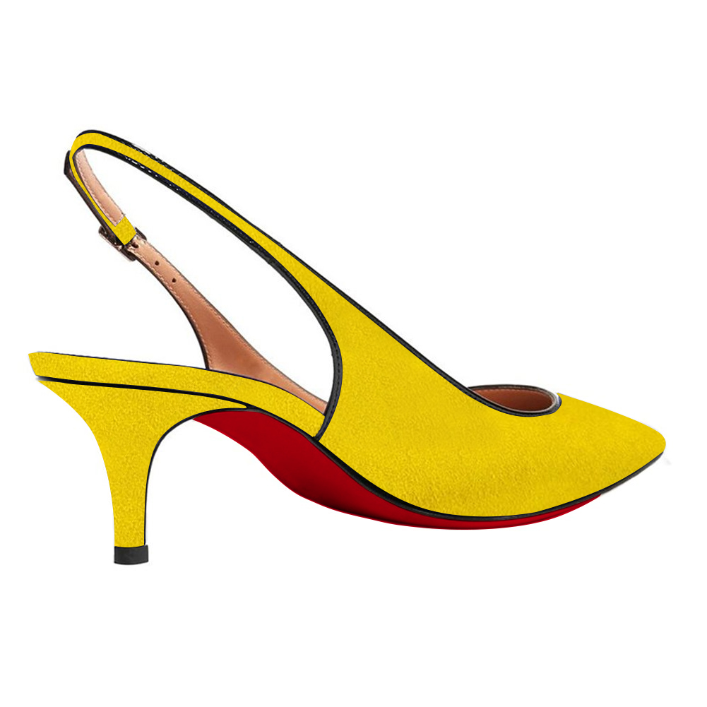 Women's Pointed Toe Slingback Shoes Kitten Heel Pumps Comfortable Dress Yellow Suede Shoes-vocosishoes