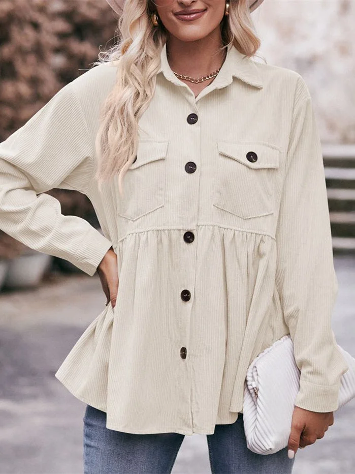 Women's Pockets Buttons Solid Color Long Sleeve V-neck Top