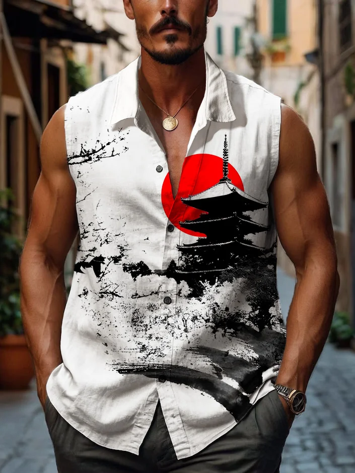 Men's Japanese Ink Art Painting Print Sleeveless Shirt