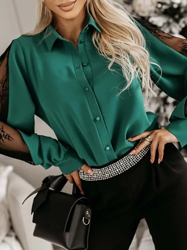 Buttoned Mesh Split-Joint Long Sleeves Loose Lapel Blouses&Shirts Tops