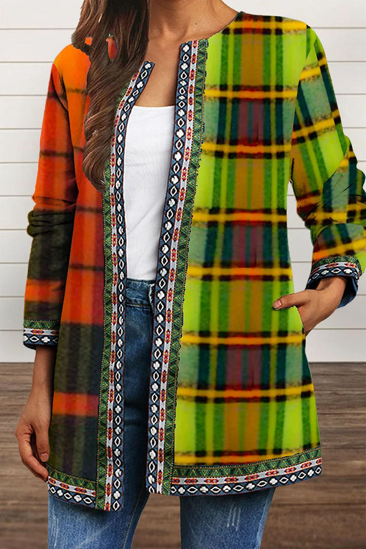 Plus Size Casual Purple Contrast Color Ethnic Plaid Print Long Sleeve Cardigan