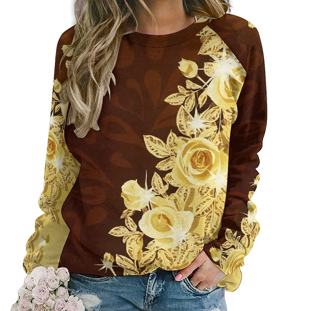 Printed Long Sleeve Casual Sweatshirt for  Women and Men Unisex Pattern Floral, Golden, Wine Red