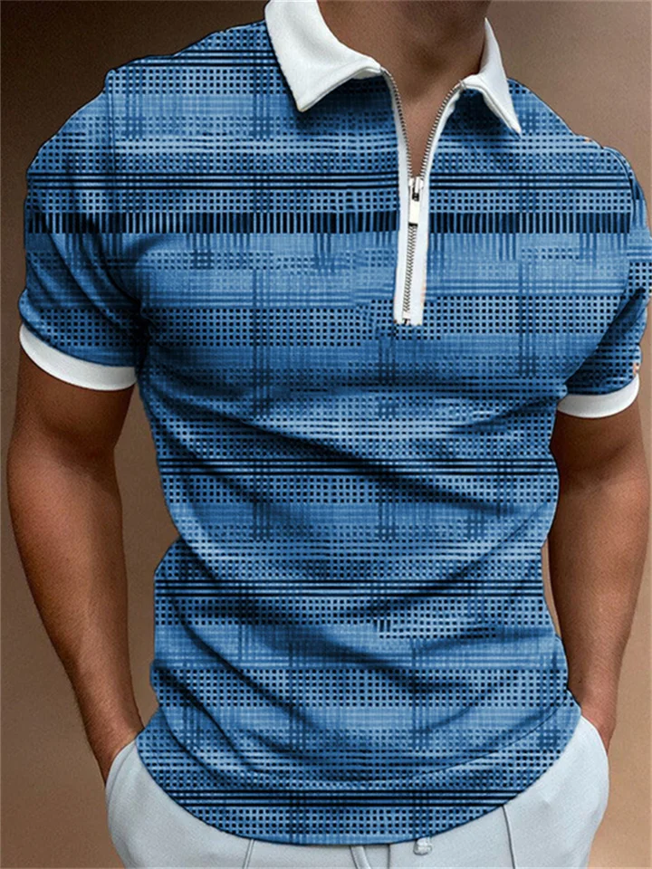 Men's Golf Shirt Plaid Collar Blue Short Sleeve Outdoor Street Zipper Top Fashion Casual Breathable Mens-Cosfine