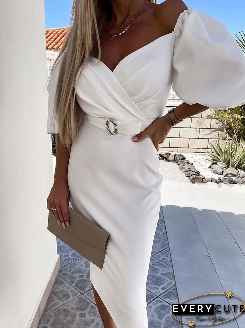 Women Elegant Short Puff Sleeve V-Neck Dress Summer Fashion Solid Color Ladies Slim Waist Dress With Belt Female Vestdios