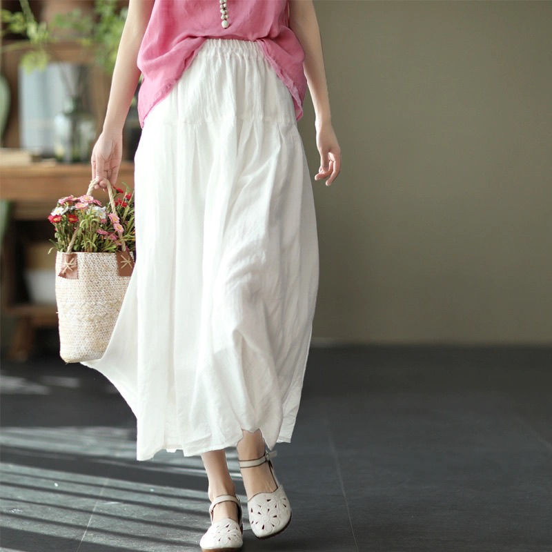 Skirts Women Long Folk-style Loose Solid A-line Summer New Elegant Retros Casual