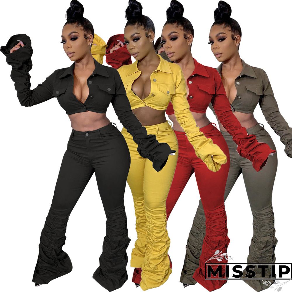 Flare Sleeve Wrinkle Short Jacket+Skinny Flare Legs Suits