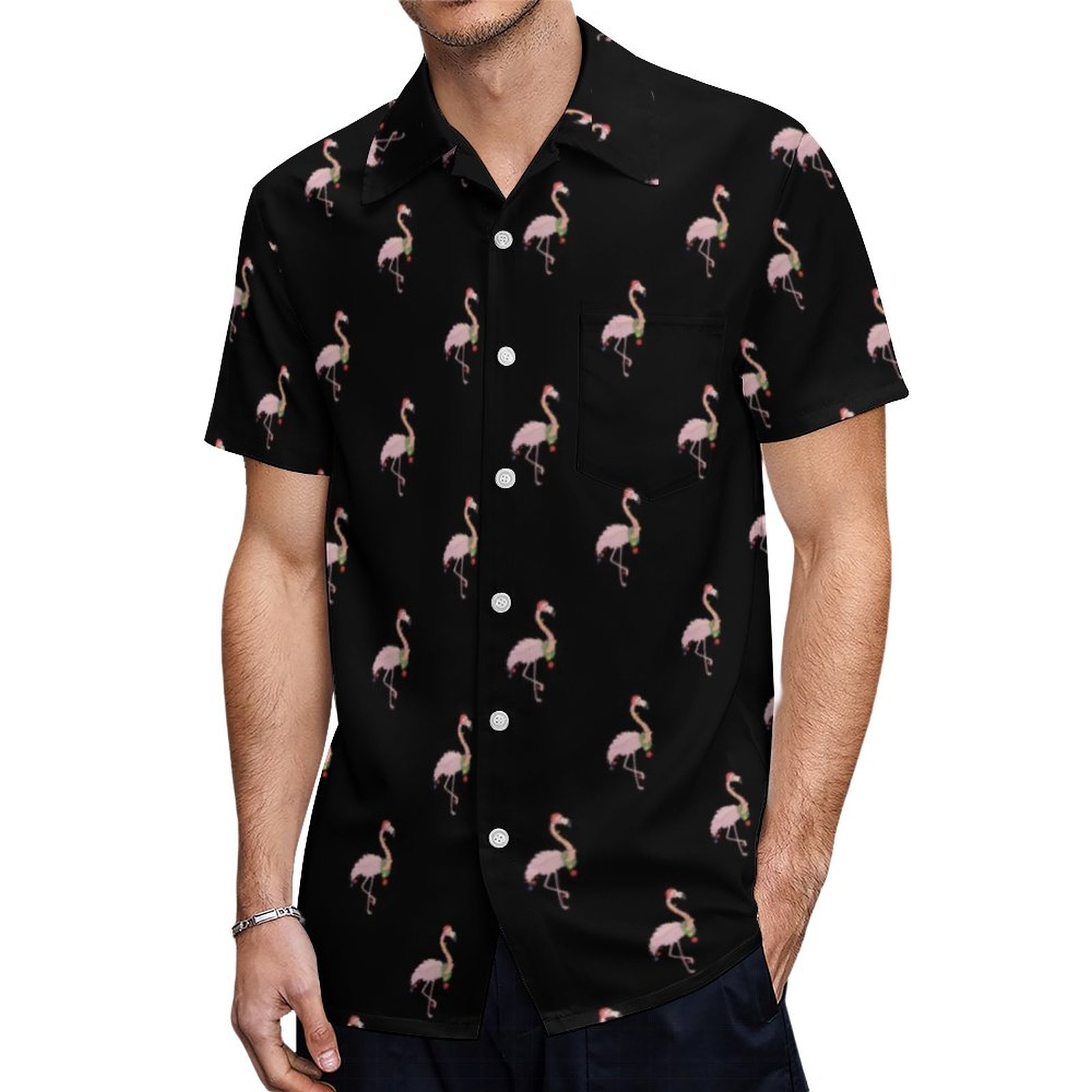 Adorable Pink Flamingo With Santa Hat Black Hawaiian Shirt Mens Button Down Tropical Hawaii Beach Shirts