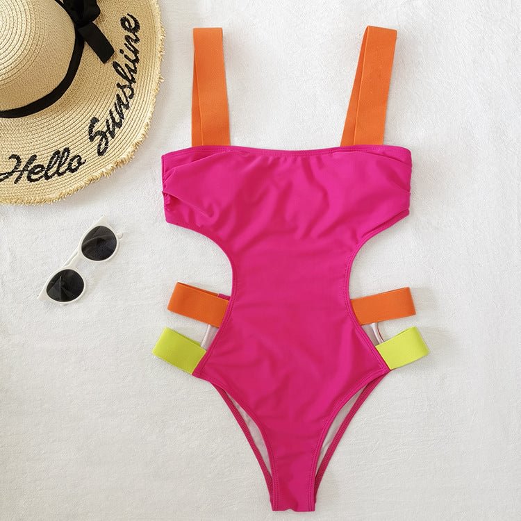 Flaxmaker Cutout Color Block Backless One Piece Swimsuit