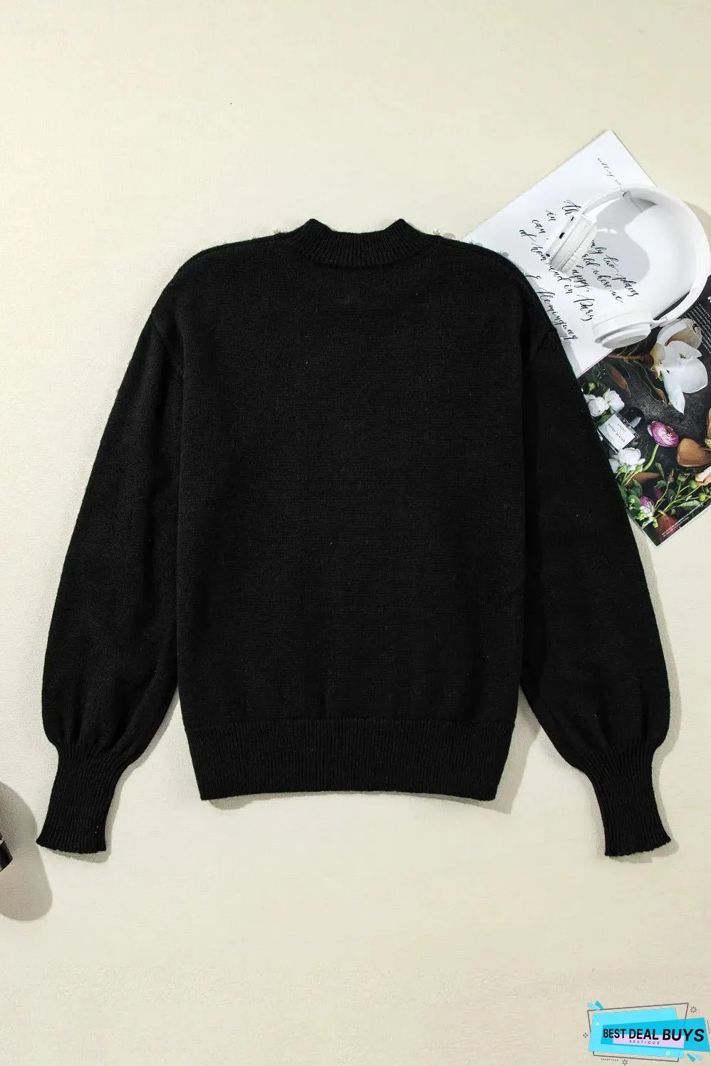 Black Pearl Beaded Bishop Sleeve Sweater