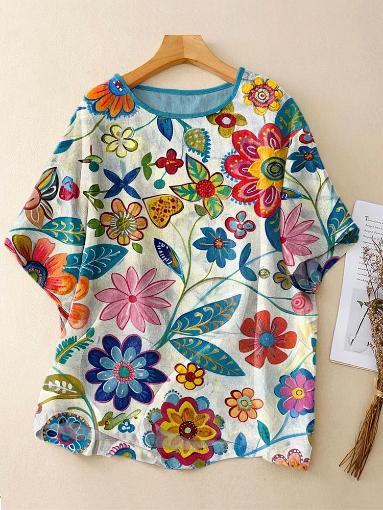 Women's Vintage Flower Art Print Casual Linen Crew Neck Shirt