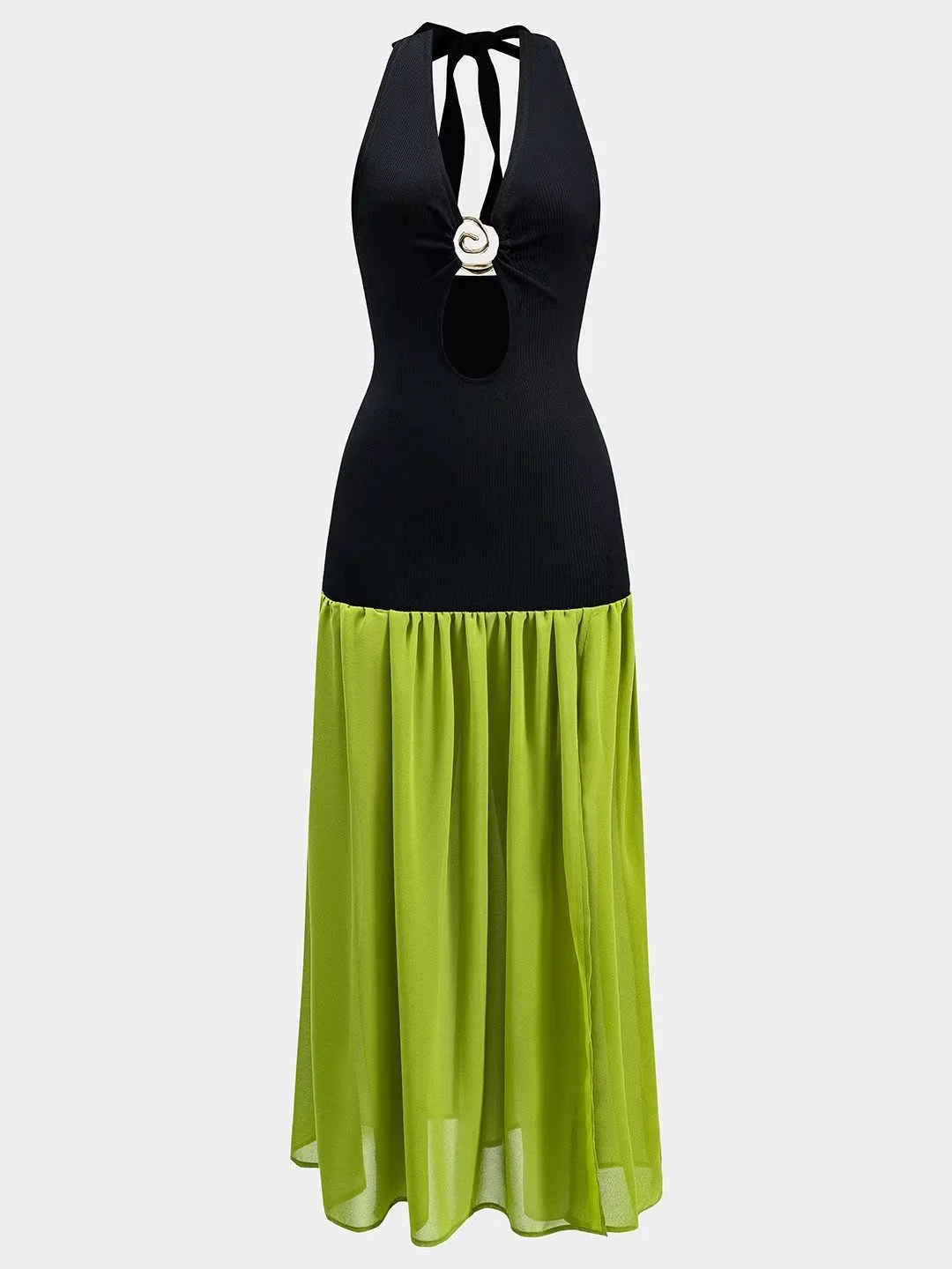 Women V Neck Backless Halter Casual Column Chiffon Metallic Ruched Patchwork Cut Out Maxi Dress