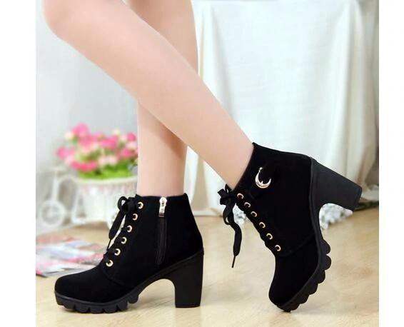 Women's chunky heels combat boots lace-up round toe booties