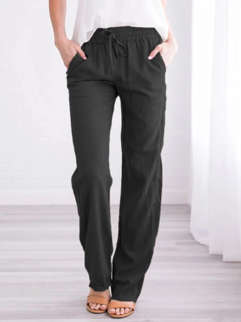 Brownm Temperament Commute Solid Color Cotton Linen Drawstring Loose Casual Wide-leg Trousers
