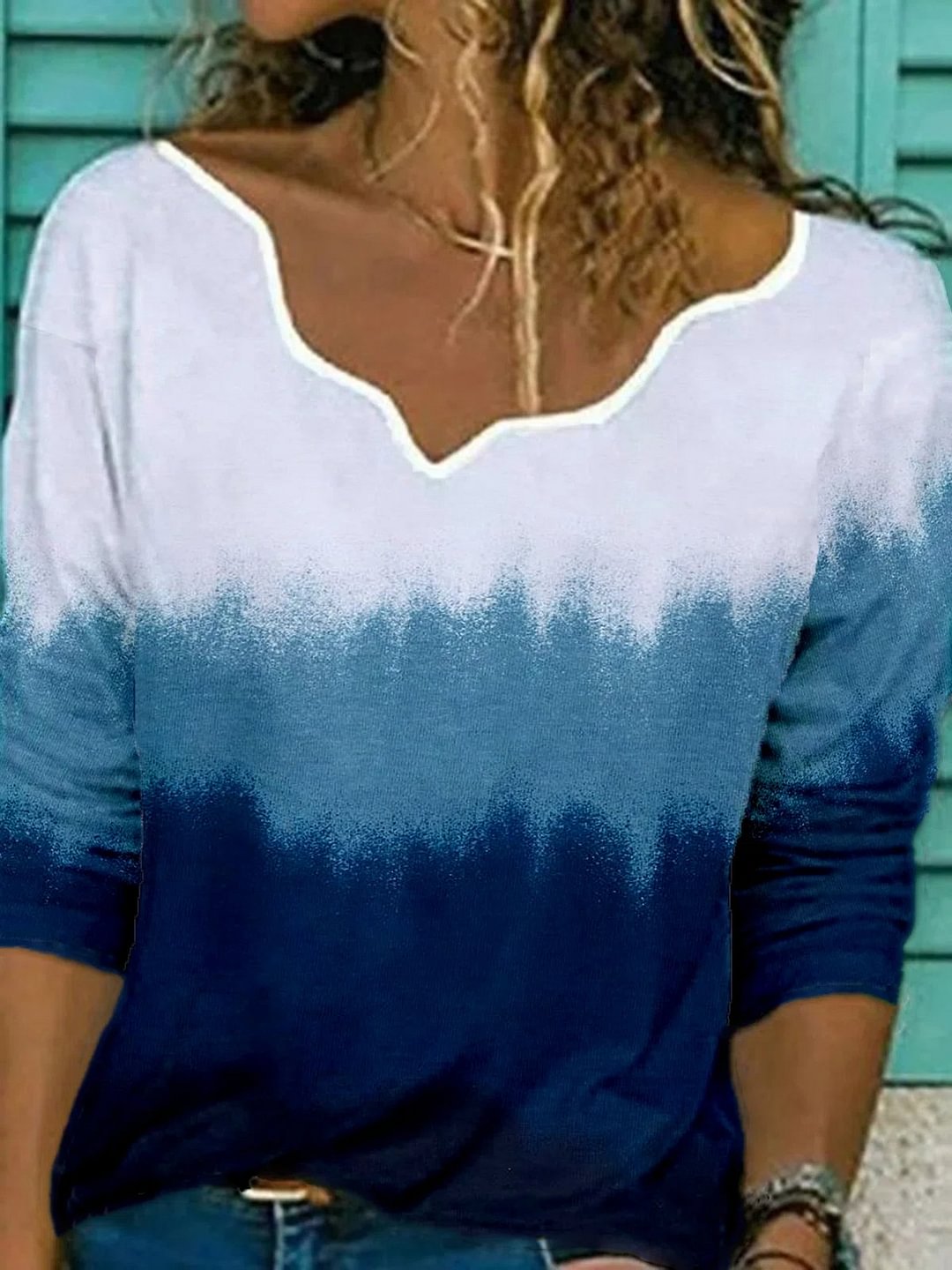 Blue V Neck Ombre/Tie-Dye Printed Casual Long Sleeve Shift Shirts & Tops
