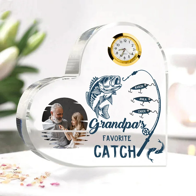 Personalized Heart Acrylic Clock Keepsake Engraved 3 Names Heart Photo Ornament Grandparents' Day Gift for Grandpa Dad Papa
