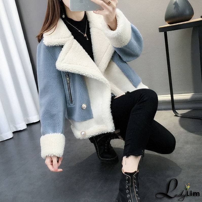 Short Loose Knit Lamb Wool Coat for Women