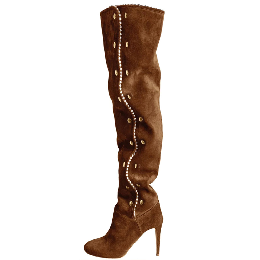 Brown Vegan Suede Stiletto Heel Rhinestone Trim Slouchy Tall Boots Nicepairs