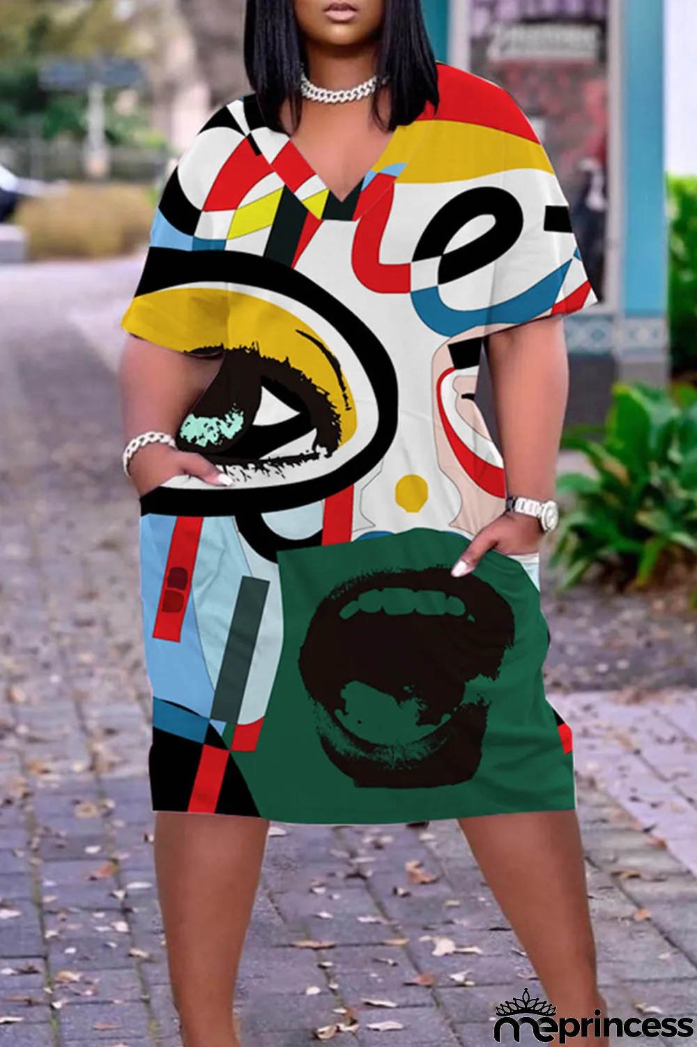 Orange Casual Print Patchwork Basic V Neck Short Sleeve Dress Plus Size Dresses