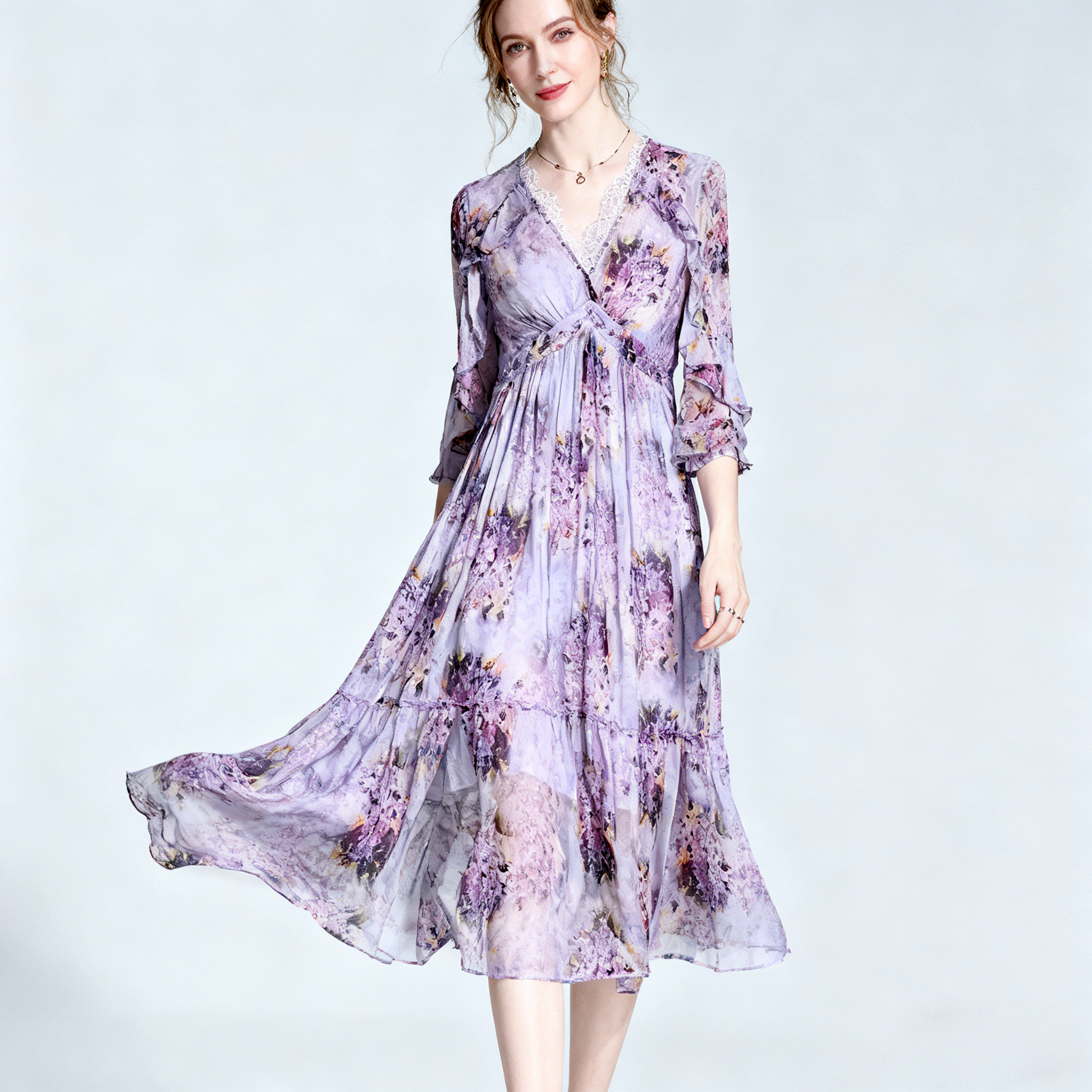 Purple Silk Maxi Dresses Lace decoration Beach Style REAL SILK LIFE