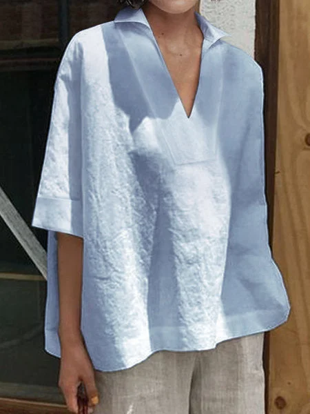 Women Half Sleeve V-neck Solid Color Tops