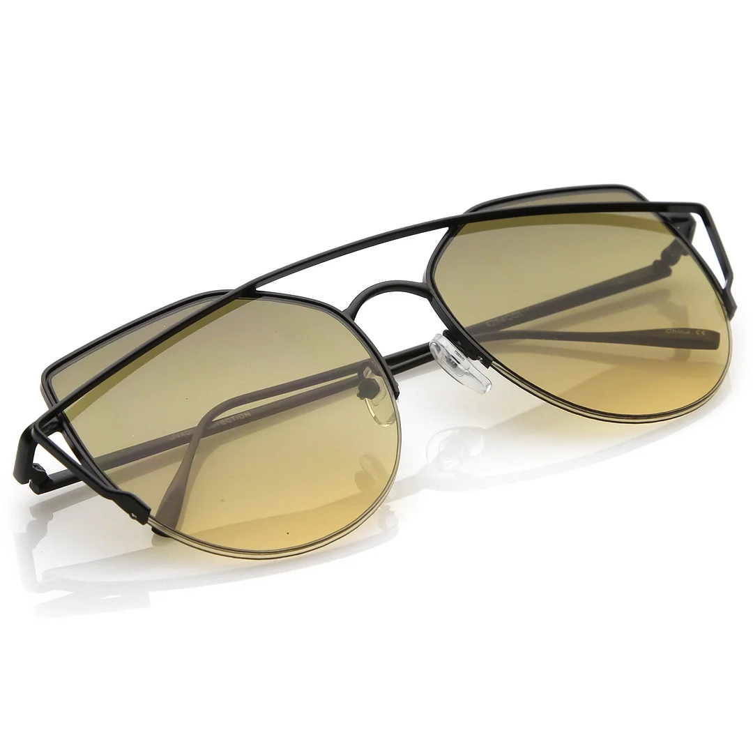 Women's Semi Rimless Metal Brow Bar Round Colored Flat Lens Cat Eye glasses