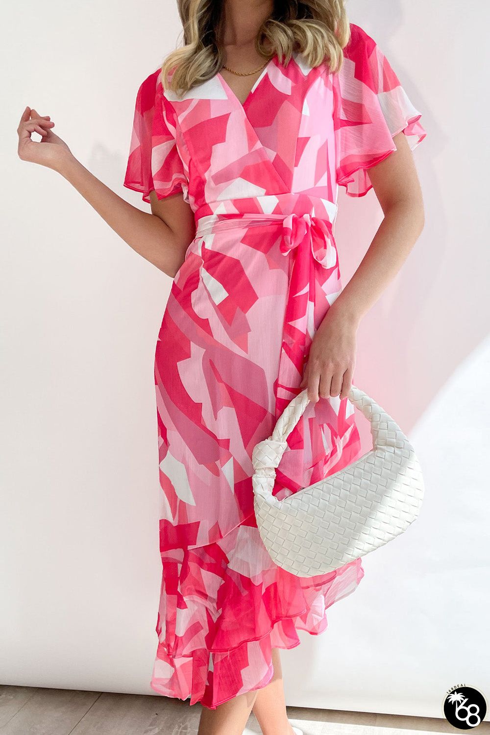 Rose Abstract Print Asymmetric Ruffle Hem Belted Dress | 168DEAL