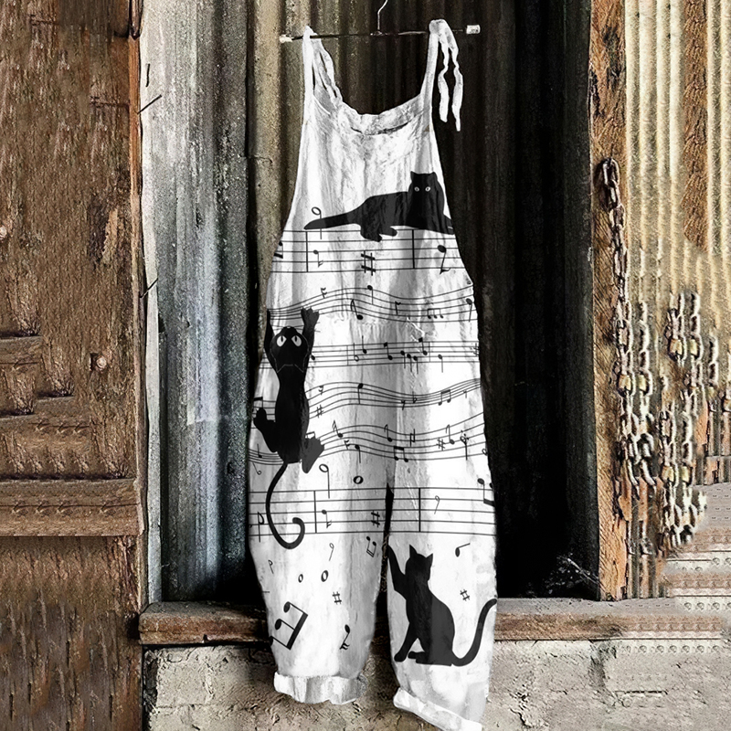 Musical Note And Cat Print Loose Jumpsuit