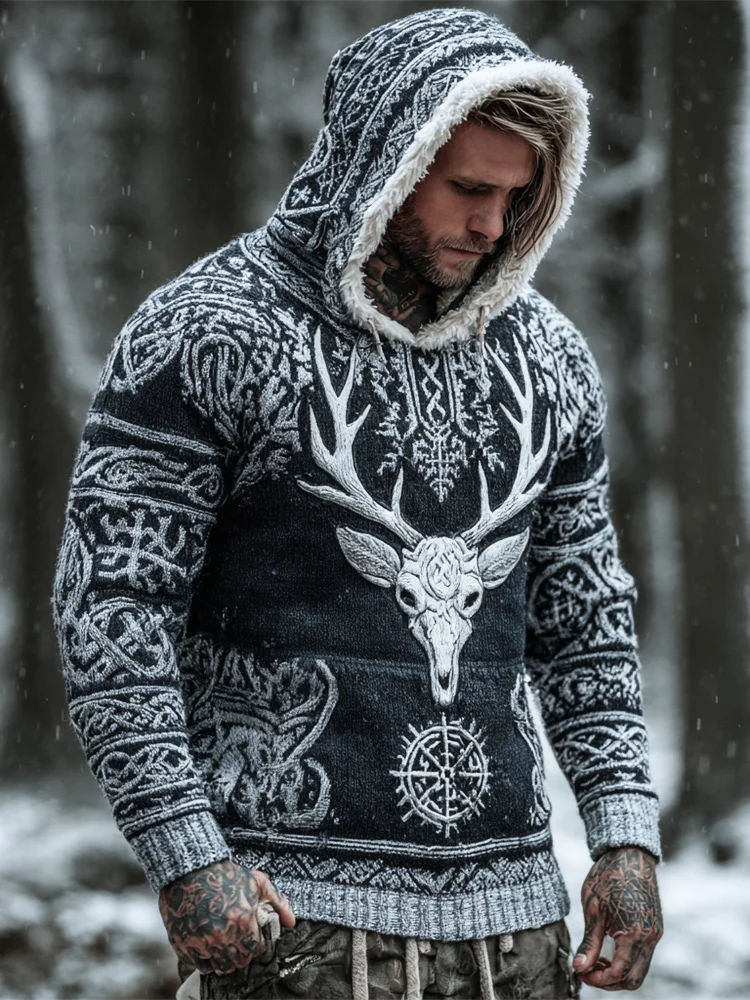 Viking Skull Antler Art Men's Fur Trimmed Hooded Sweater