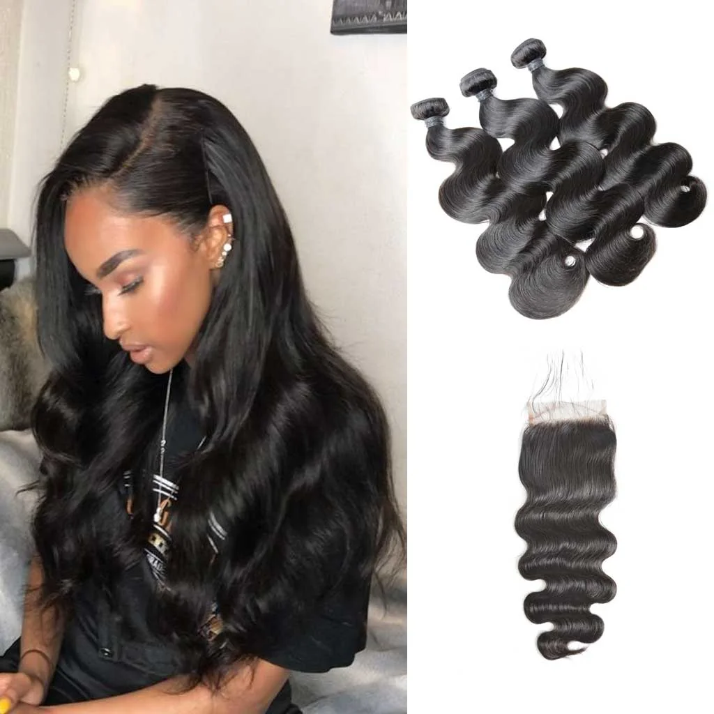 12A 3PCS + 4X4 HD Lace Closure Body Wave Human Hair Extensions With 4X4 Transparent Lace Closure