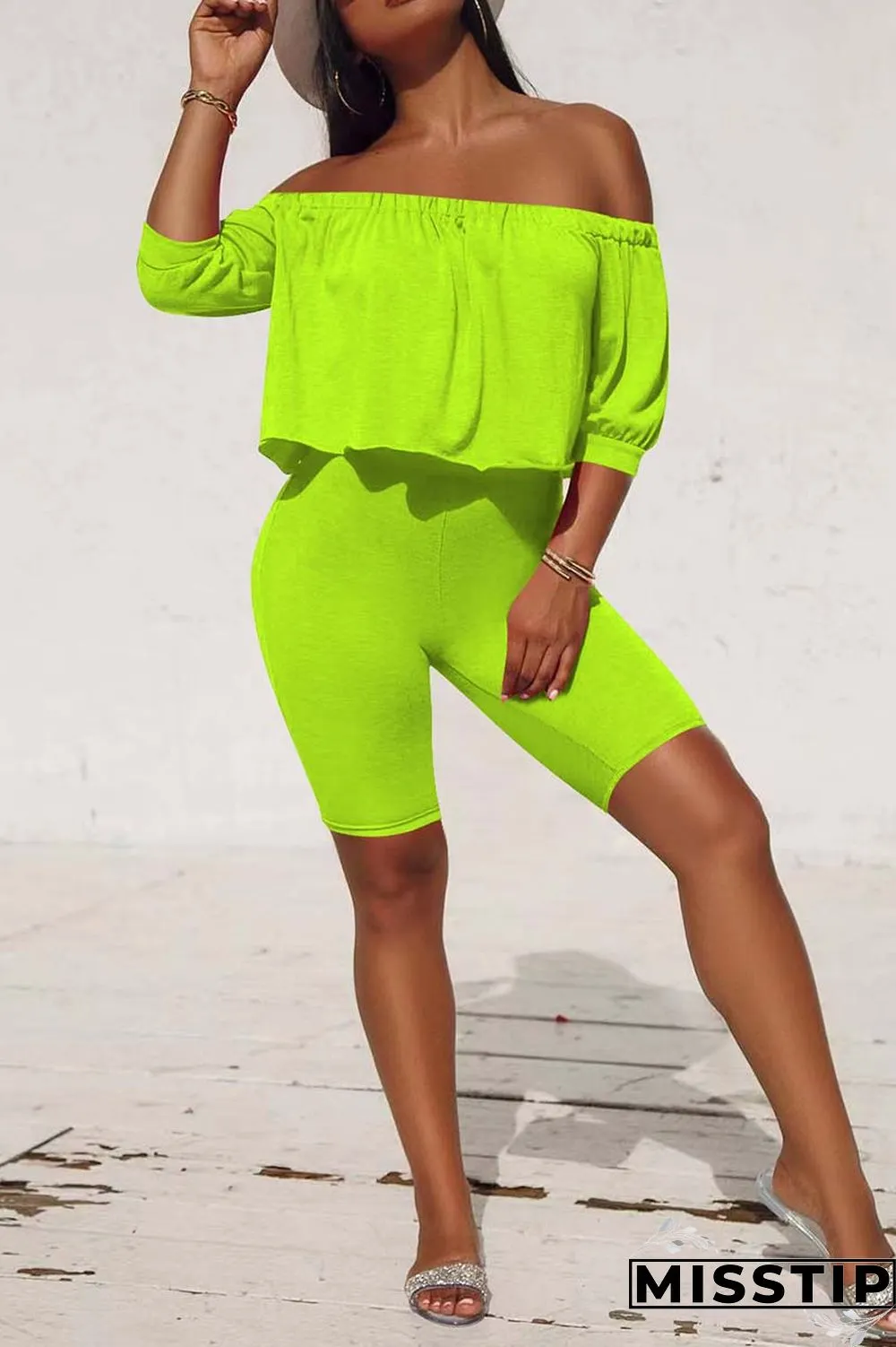 Fluorescent Green Casual Solid Patchwork Off the Shoulder Half Sleeve Two Pieces