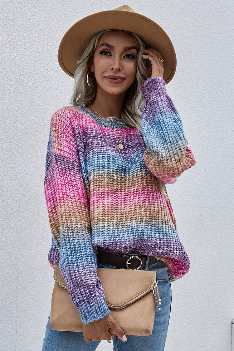 Knit Multicolor Round Neck Long Sleeve Sweater
