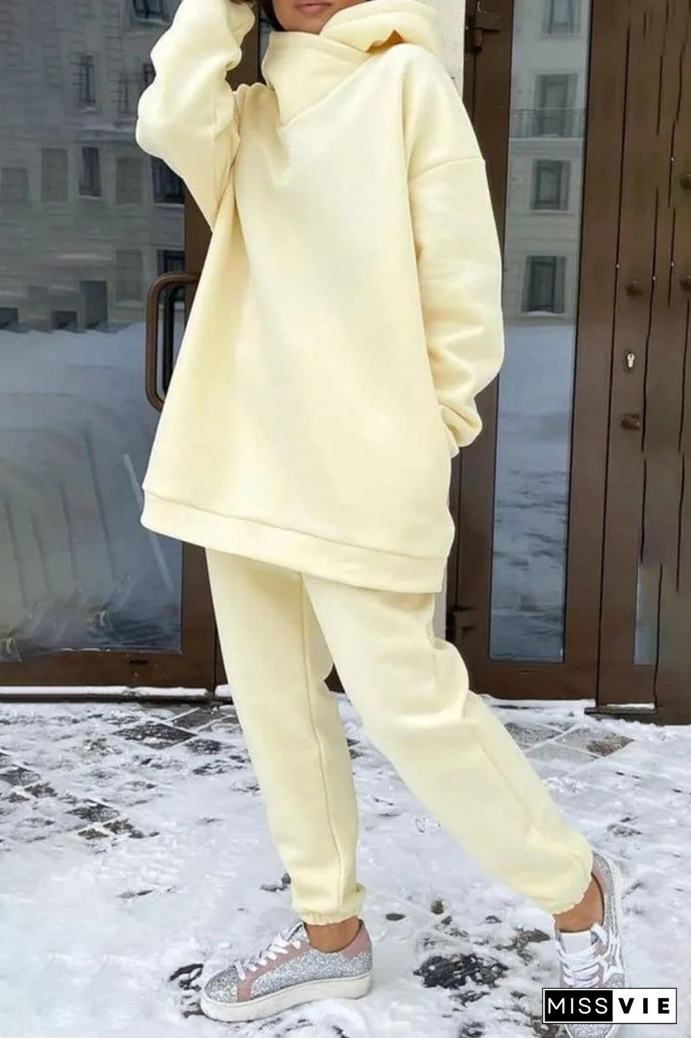 Casual Solid Pocket Hooded Collar Long Sleeve Two Pieces