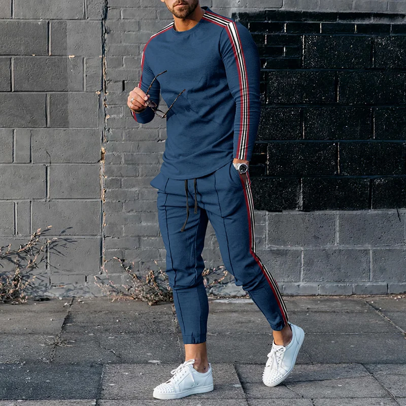 Contrasting Navy Blue Geometry T-Shirt And Pants Two Piece Set