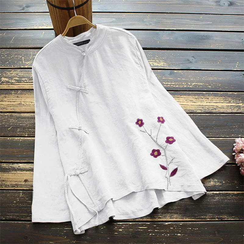 ZANZEA Women Vintage Floral Embroidery Blouse Summer Long Sleeve Buttons Shirt Casual Loose Blusas Chemise  Tops Tunic