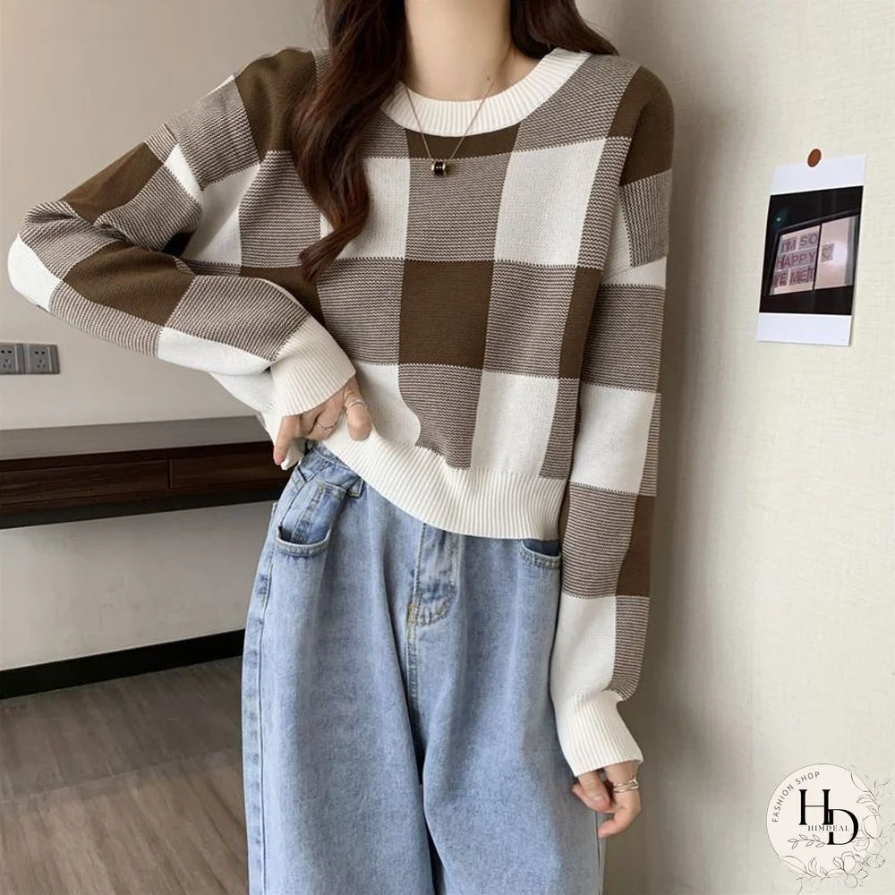 Chic Korean Sweet Plaid Knitted Sweater Women Vintage Harajuku Y2k Pullover Autumn Winter Casual Loose Long Sleeve Top