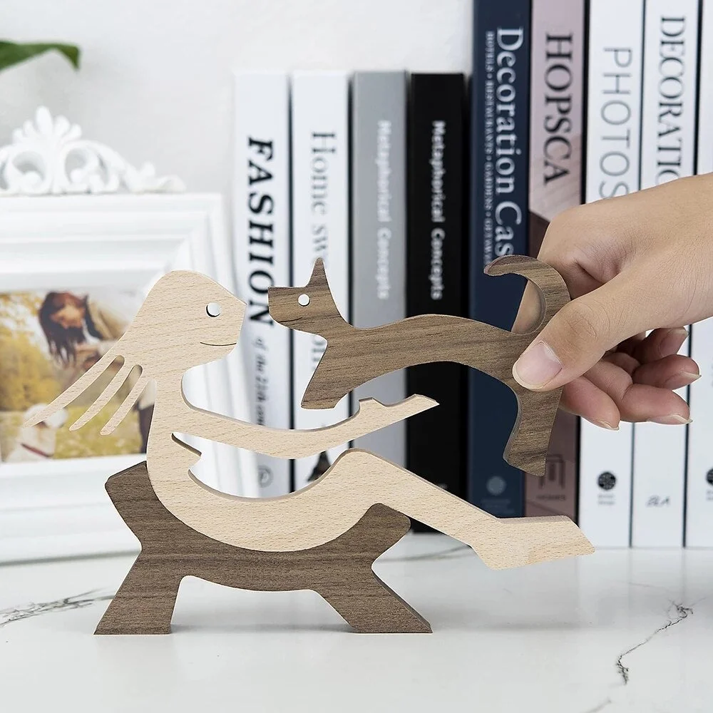 Wood Puppy Family Table Figurin Decor Ornaments Wooden Dog Craft Statue Home Decoration Cute Human and Pets Sculpture Craft Gift