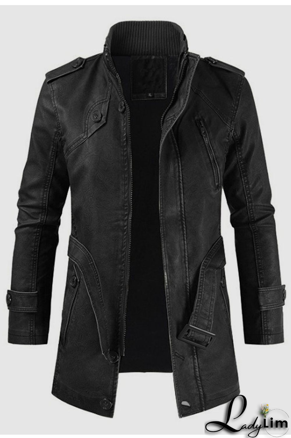 Brown Casual Solid Split Joint Zipper Turtleneck Outerwear