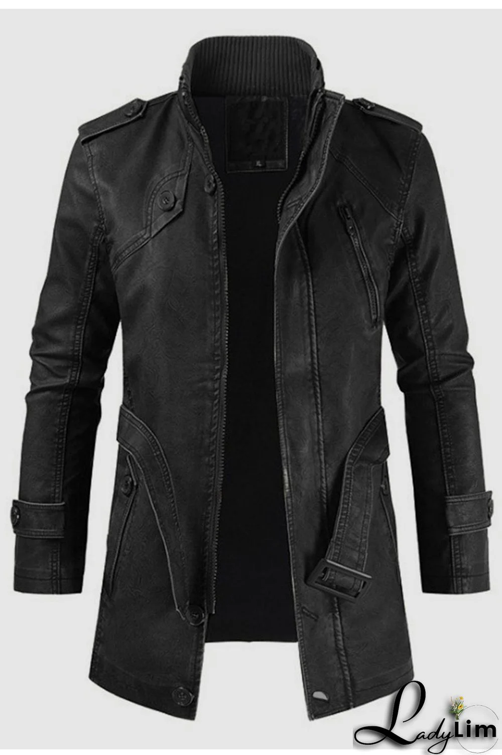 Brown Casual Solid Split Joint Zipper Turtleneck Outerwear