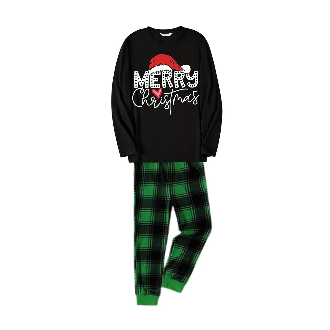 Red Santa Hat "Merry Christmas" Letter Print Black Long Sleeves Top with Black and Green Plaid Pants Family Matching Pajamas with Dogs